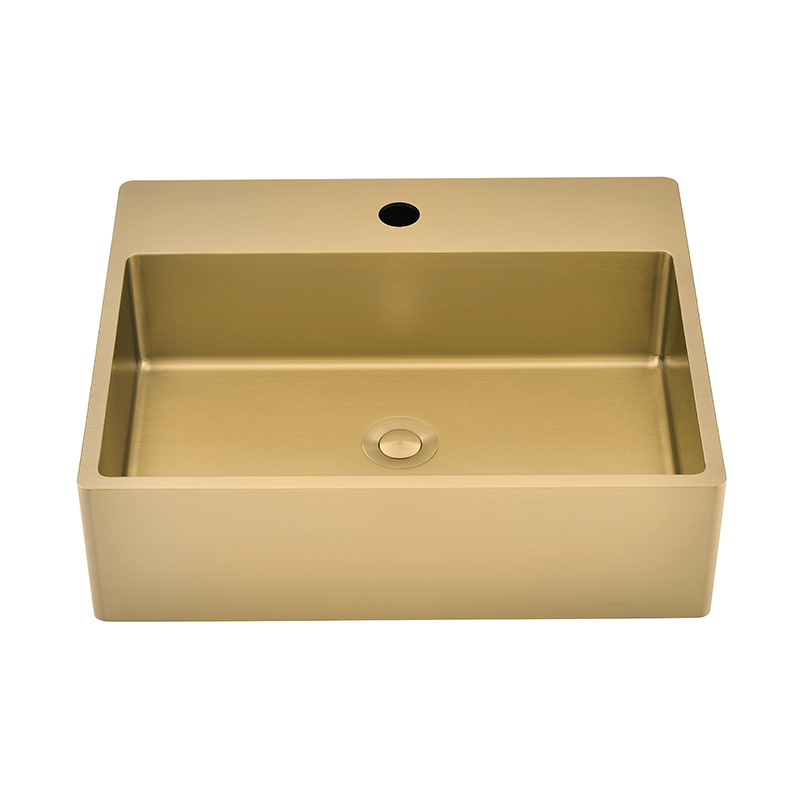 Rechteckiges Edelstahl-Waschbecken in gebürstetem Gold mit Hahnloch