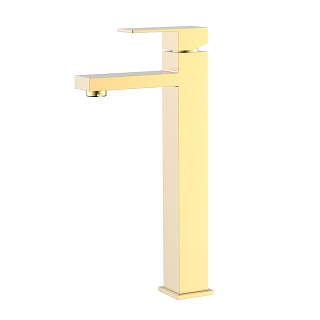 Gebürsteter Gold-Einloch-Wasserhahn mit hohem quadratischem Waschbecken